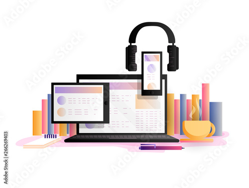 Online education concept, vector illustration. Study, learning online with laptop, tablet, smartphone and headphones from home. Cozy online learing and education with cup of tea and learning books photo