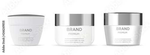 Round white set, plastic jar with metal lid for cosmetics - body cream,  butter, bath salt, gel, skin care, powder. Realistic packaging mockup template.  Side view. 