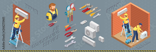 Isometric interior repairs concept. System of air conditioning.