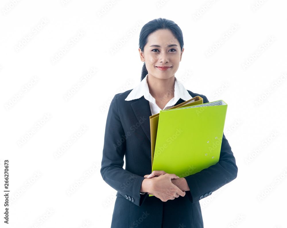 Asian beautiful smart and young businesswoman with black long hair is the executive or manager held the files and smiling with confidence in successful on isolated white background Asian beautiful smart and young businesswoman with black long hair is the executive or manager held the files and smiling with confidence in successful on isolated white background