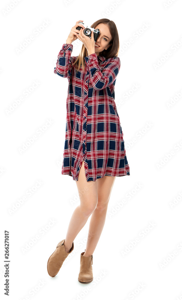Young female photographer on white background Young female photographer on white background