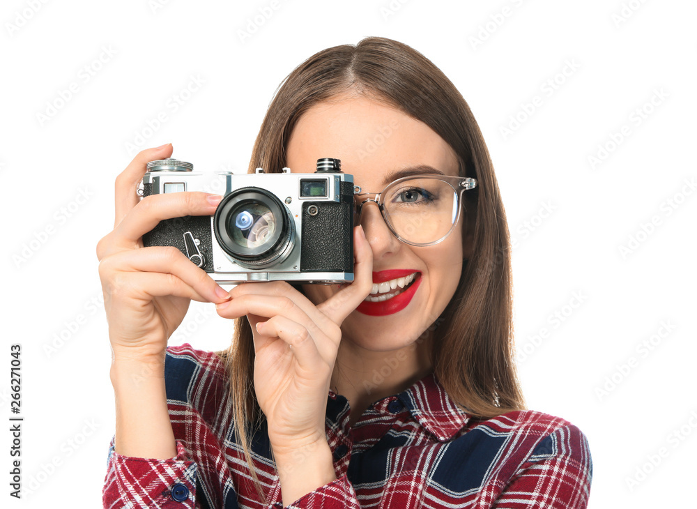 Young female photographer on white background Young female photographer on white background