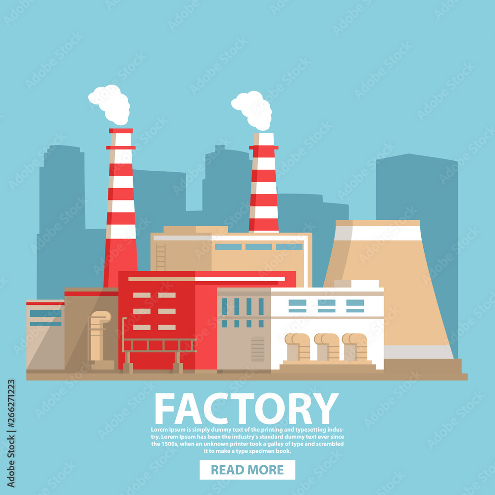 Obraz premium Industrial factory building.City landscape nuclear power plant.Flat vector.Industry concept manufactory chimney pipe.