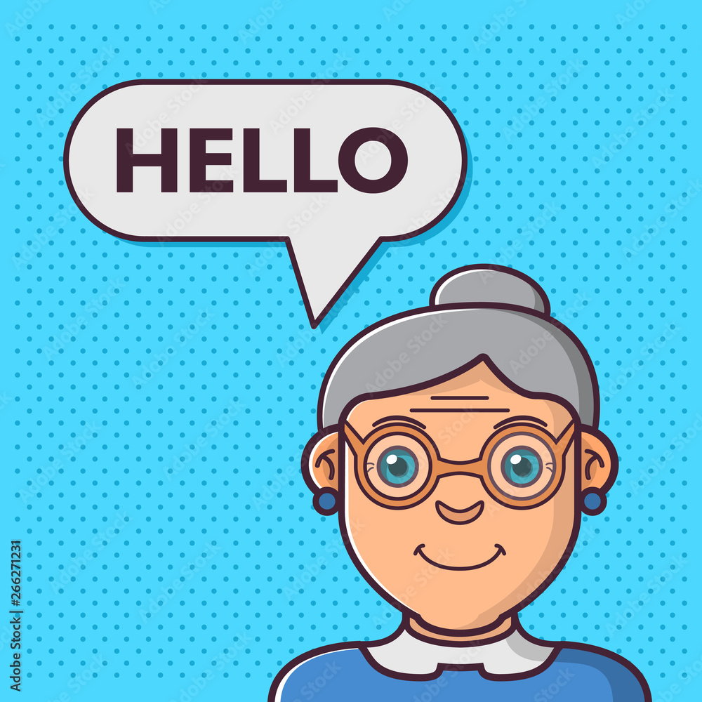 Elderly woman speaks hello.Old dear happy grandmother.Retirement age.Cute cartoon character.Online assistant. Internet chat bot.Flat illustration vector.