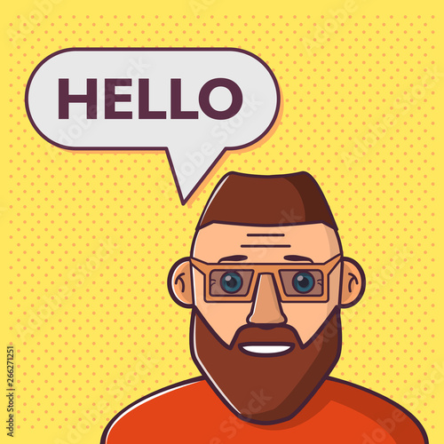 Chatbot concept.Businessman speaks hello.Cute cartoon character.Flat vector.