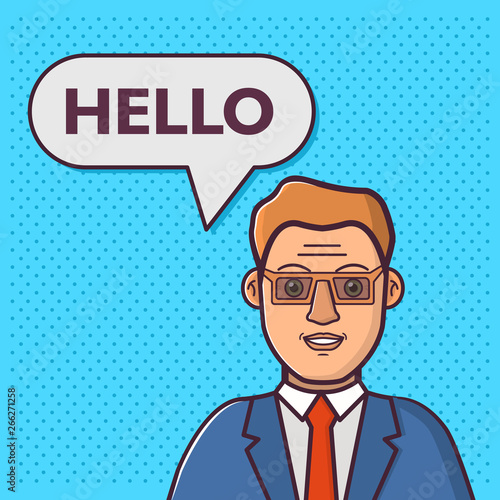 Chatbot concept.Businessman speaks hello.Cute cartoon character.Flat vector.Mobile support service.