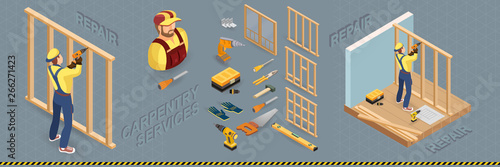 Carpenter builds a wooden construction. Vector isometric illustration.