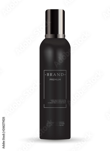 Realistic blanc luxury cosmetic bottle  in black color on white background, mockup,  3D illustration for branding design and ads,  template.