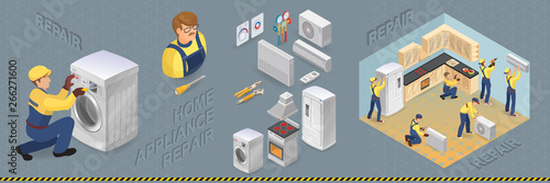 Worker repairing broken home appliance. Isometric. Vector illustration.