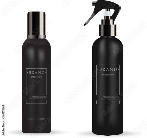Realistic cosmetic mockup.  Packages for cosmetic product.  Blank templates of containers vial with dropper, spray, bottle for shower gel, lotion, shampoo with  pump dispenser, jar, tube.