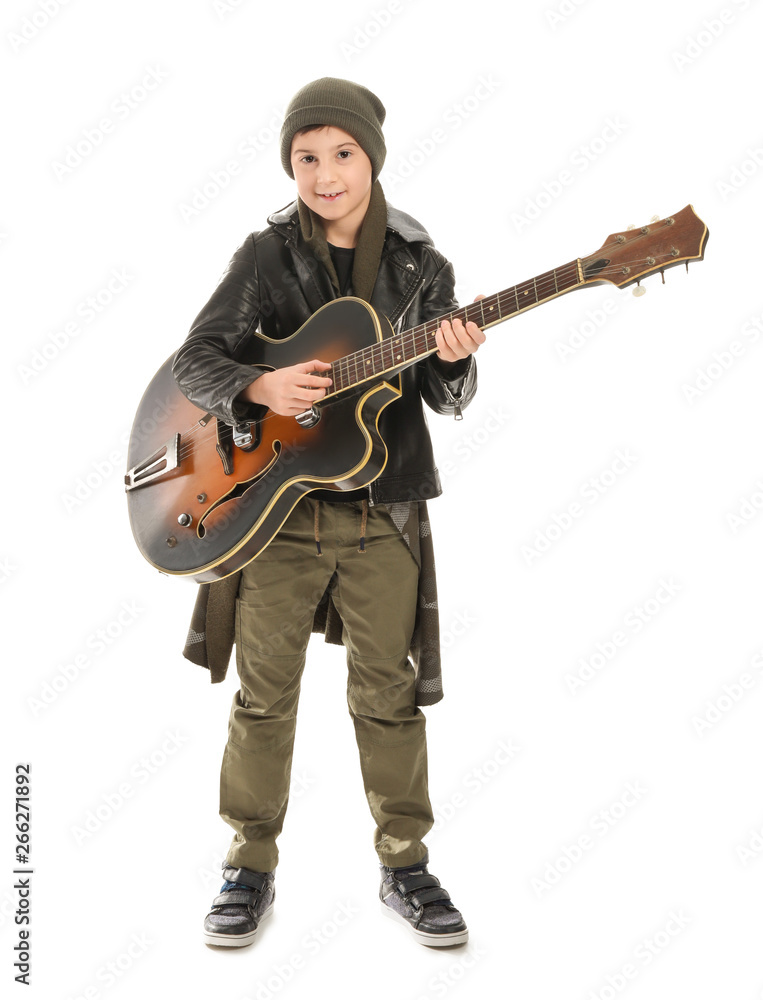 Cool little boy with guitar on white background Cool little boy with guitar on white background