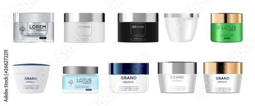 Set vector blank templates of empty and clean multicolor plastic and glass containers:  bottles, cream jar.  Realistic 3d mockup.