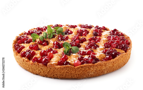 Tasty cranberry pie on white background