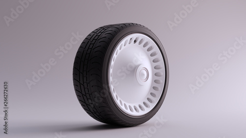 White Alloy Rim Wheel with a Closed Retro Wheel Design with Racing Tyre 3d illustration 3d render