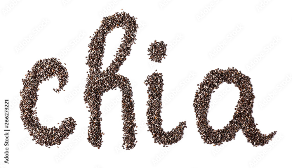 Word CHIA made of seeds on white background Word CHIA made of seeds on white background