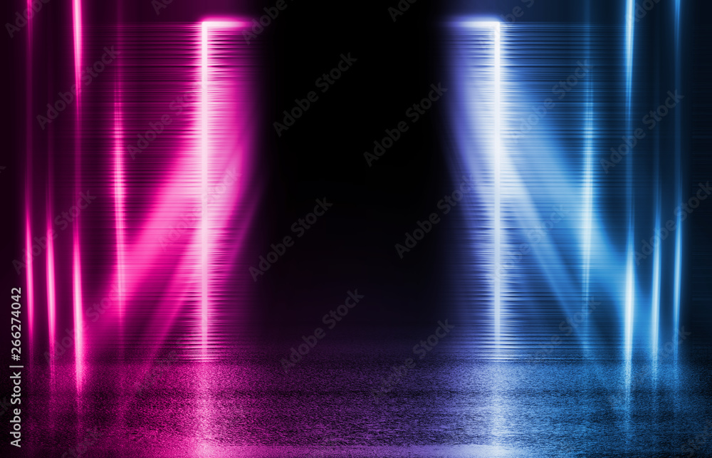 Empty background scene. Dark street, reflection of blue and pink neon light on wet pavement. Neon shapes. Rays of light in the dark, smoke. Abstract dark background. Empty background scene. Dark street, reflection of blue and pink neon light on wet pavement. Neon shapes. Rays of light in the dark, smoke. Abstract dark background.