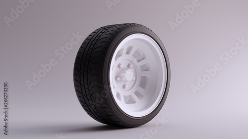 White Alloy Rim Wheel Retro Wheel with a Semi Closed Design with Racing Tyre 3d illustration 3d render