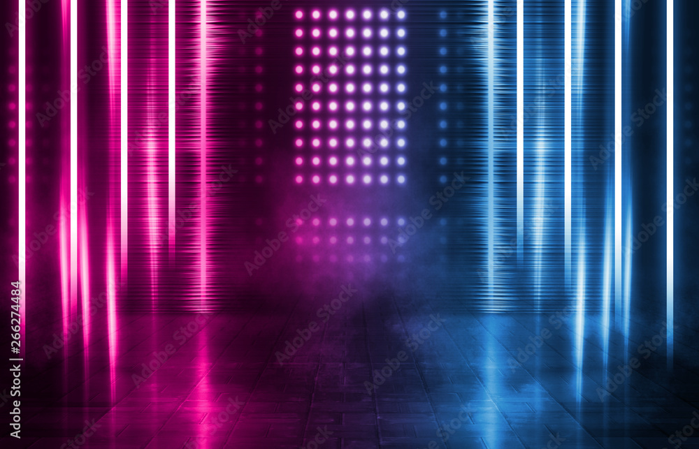Empty background scene. Dark street, reflection of blue and pink neon light on wet pavement. Neon shapes. Rays of light in the dark, smoke. Abstract dark background. Empty background scene. Dark street, reflection of blue and pink neon light on wet pavement. Neon shapes. Rays of light in the dark, smoke. Abstract dark background.