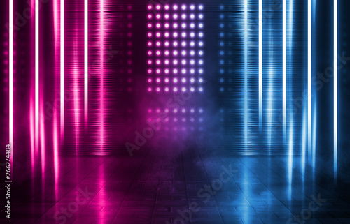 Empty background scene. Dark street, reflection of blue and pink neon light on wet pavement. Neon shapes. Rays of light in the dark, smoke. Abstract dark background.