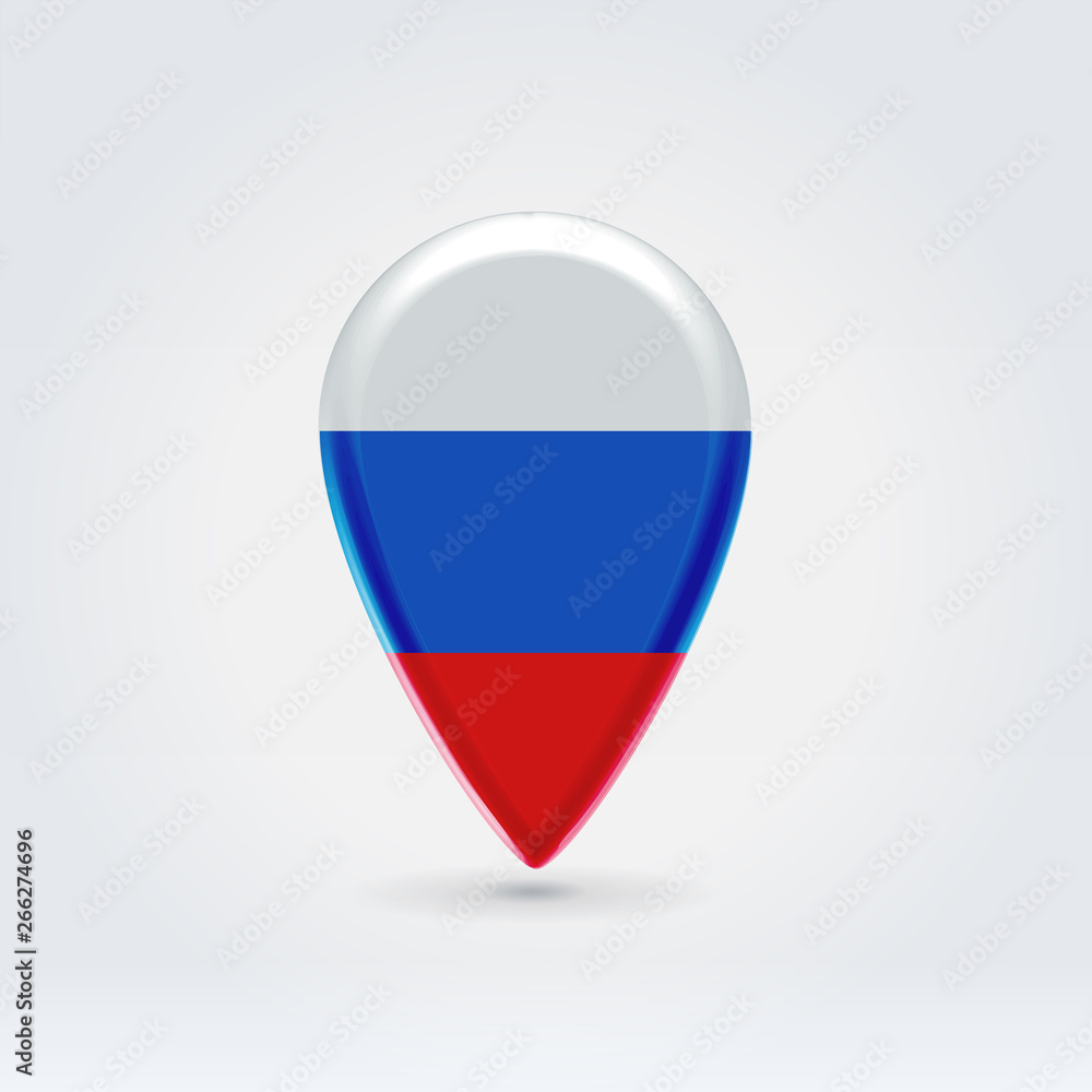 Glossy colorful Russian map application point label symbol hanging over enlightened background. Glossy colorful Russian map application point label symbol hanging over enlightened background.