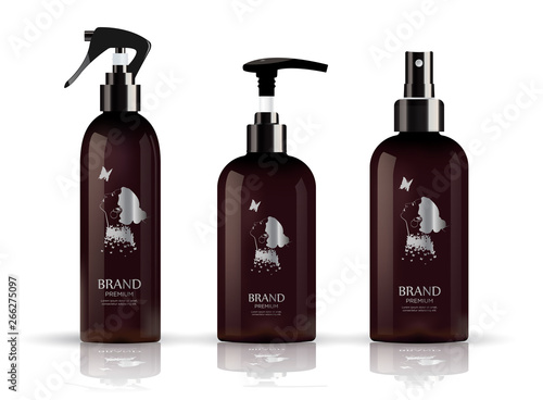 Realistic package bottle for cosmetic cream container. Cosmetic package. Spray bottle. Tube for ointment, lotion, balsam,  Mock up bottle. Gel, balsam, with design label. Soap pump bottle. 