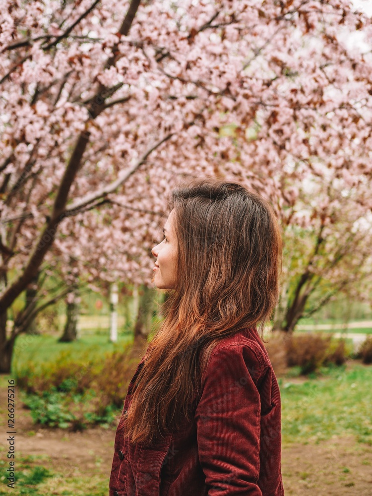 Brunette girl with long hair in a red jacket is surrounded by pink Sakura flowers Brunette girl with long hair in a red jacket is surrounded by pink Sakura flowers