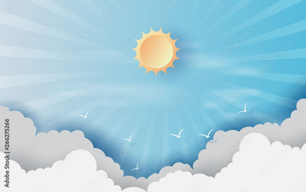 Paper cut and craft of Background with clouds on blue sky.Landscape for sunlight on cloudscape.Summer season Hot concept.Summer time is rays. Creative design paper art style.vector.illustration. EPS10 Paper cut and craft of Background with clouds on blue sky.Landscape for sunlight on cloudscape.Summer season Hot concept.Summer time is rays. Creative design paper art style.vector.illustration. EPS10