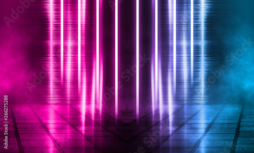 Empty background scene. Dark street  reflection of blue and pink neon light on wet pavement. Neon shapes. Rays of light in the dark  smoke. Abstract dark background.