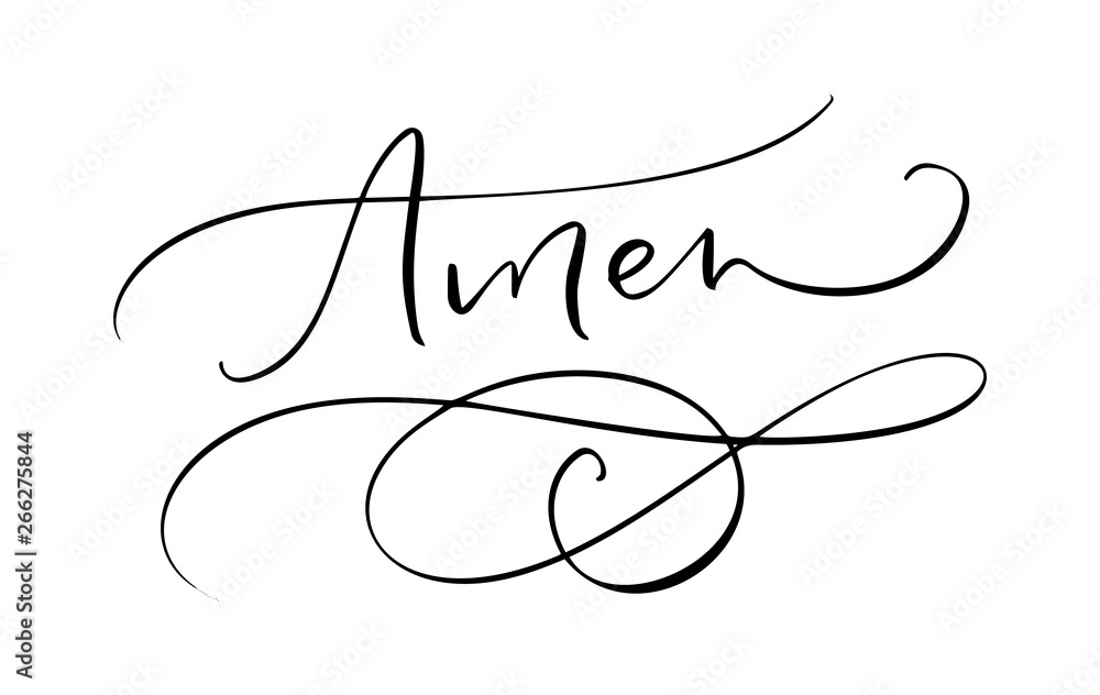 Amen vector calligraphy Bible text. Christian phrase isolated on white background. Hand drawn vintage lettering illustration - obrazy, fototapety, plakaty 
