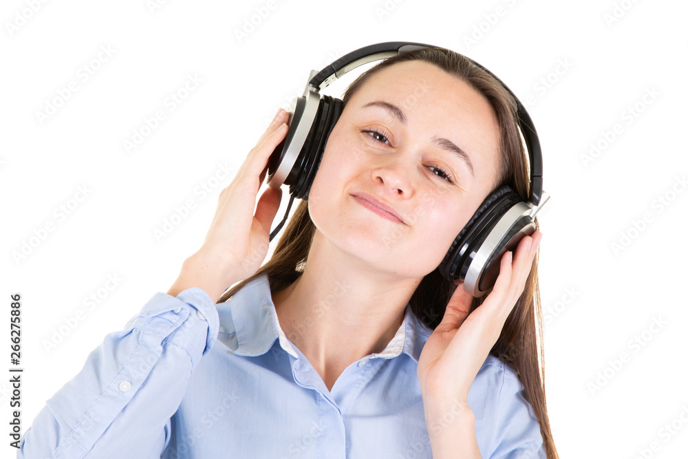 portrait of young laughing pretty woman in headphones listening music portrait of young laughing pretty woman in headphones listening music
