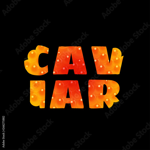 Red caviar in text shape isolated on black background. Vector illustration.