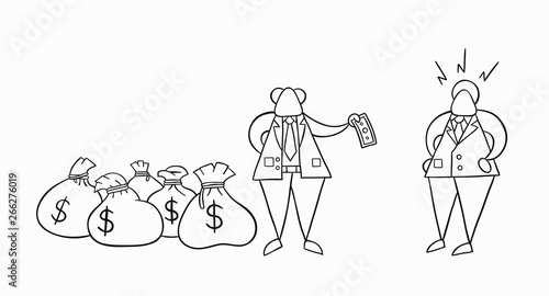 Hand-drawn vector boss has a lot of money with sacks and pays one money to his businessman worker