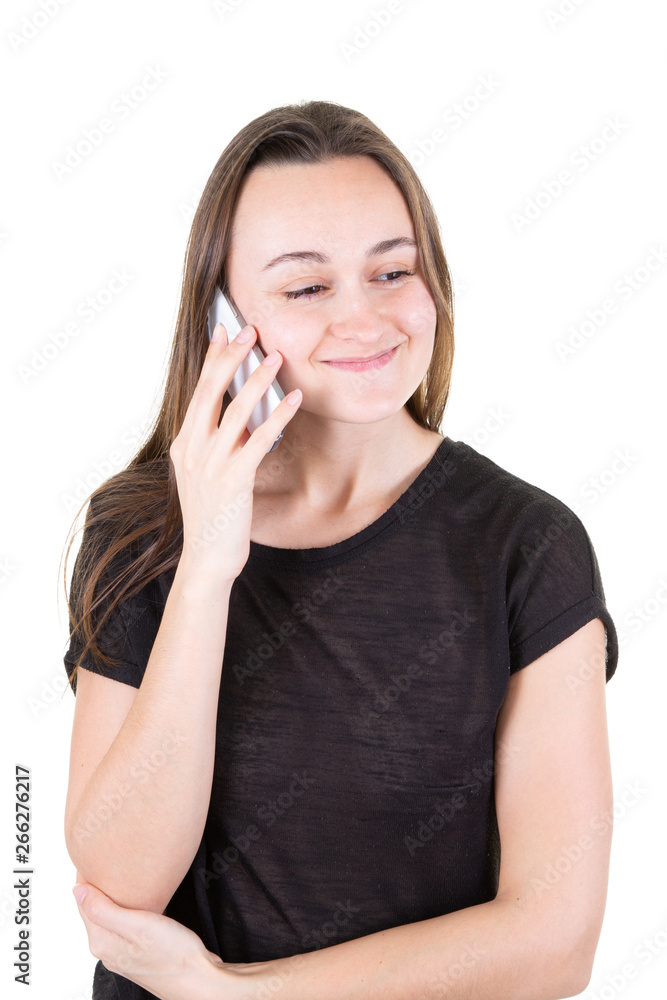 Portrait of happy young girl with long hair in phone Portrait of happy young girl with long hair in phone