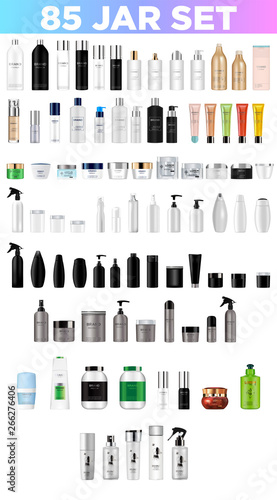  Set vector blank templates empty and clean multicolor plastic and glass containers:  bottles with spray, dispenser and dropper, cream jar, tube.  Realistic 3d mockup of cosmetic package. Vector illus