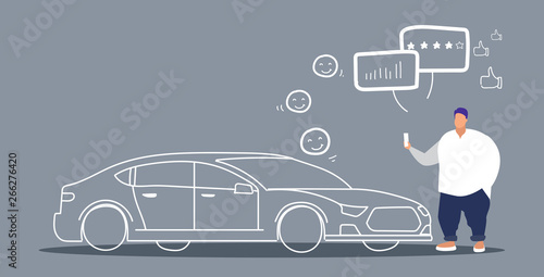 fat man using mobile application leaves review of car sharing rental company feedback rating concept obese man holding smartphone online auto rent service sketch doodle horizontal