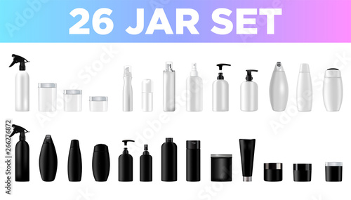 Set vector blank templates empty and clean blackand white plastic and glass containers   bottles with spray  dispenser and dropper  cream jar  tube.  Realistic mockup of cosmetic package.  7.