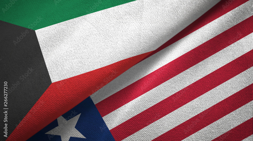 Fototapeta premium Kuwait and Liberia two flags textile cloth, fabric texture