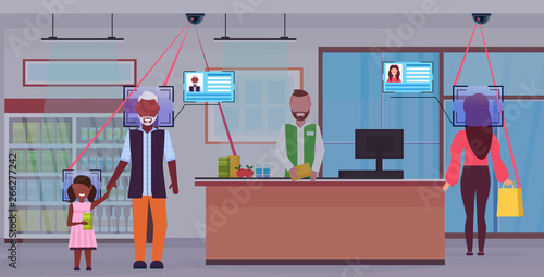 senior man with child standing at checkout counter customers identification facial recognition concept security camera surveillance cctv system grocery shop interior horizontal full length