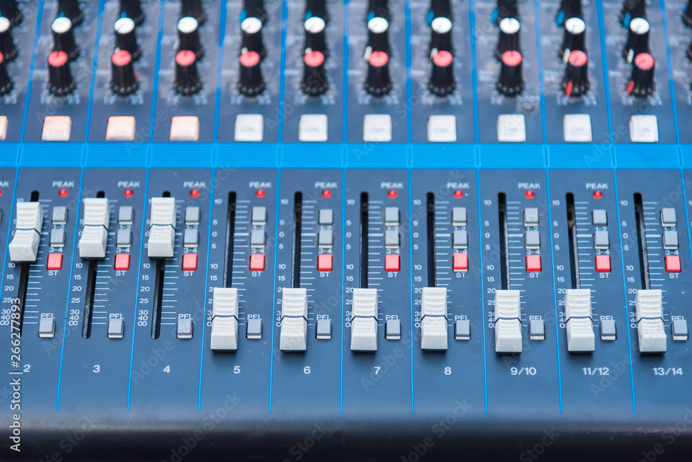 Professional Audio dj mixer console, sound tools and gear, studio equipment picture, selective focus.