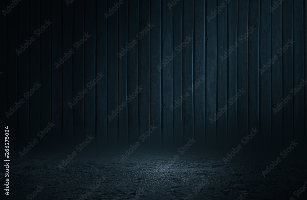 Background of empty dark street. Old brick wall, concrete floor. A spotlight at night illuminates an empty old wall. Smoke, fog Background of empty dark street. Old brick wall, concrete floor. A spotlight at night illuminates an empty old wall. Smoke, fog