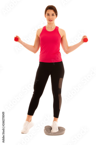 Beautiful young athlete woman workout with dumbbells isolated over white background