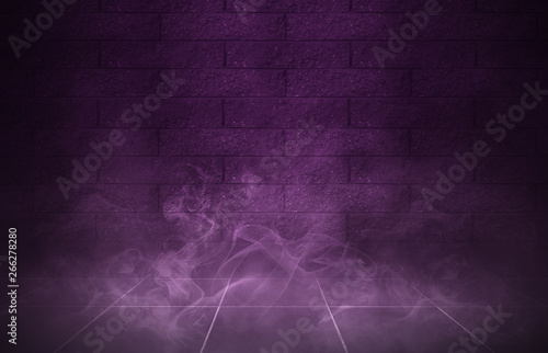 Empty scene background. Background of old brick wall, neon spotlight, fog. Dark purple abstract background