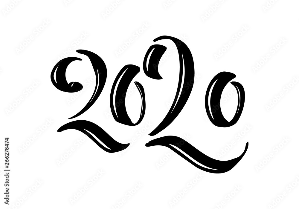 Hand drawn vector lettering calligraphy black number text 2020. Happy New Year greeting card. Vintage Christmas illustration design