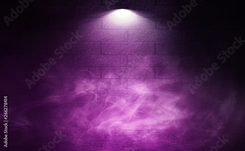 Empty scene background. Background of old brick wall, neon spotlight, fog. Dark purple abstract background