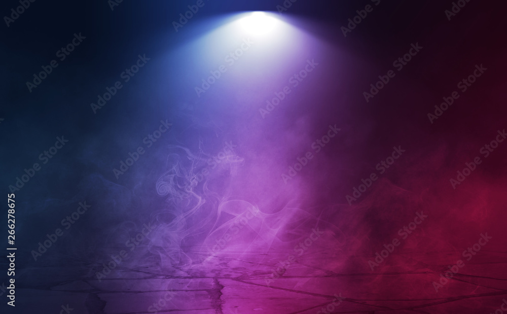 Empty background scene. Dark reflection of the street on the wet asphalt. Rays of neon light in the dark, clouds of smoke, fog. Night view of the street. Abstract dark background.