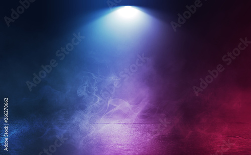 Empty background scene. Dark reflection of the street on the wet asphalt. Rays of neon light in the dark, clouds of smoke, fog. Night view of the street. Abstract dark background.