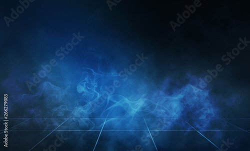 Empty background scene. Dark street reflection on wet asphalt. Rays of blue neon light in the dark, clouds of smoke, fog. Night view of the street. Abstract dark background.