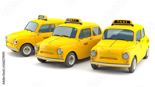 3d illustration of a group of vintage yellow taxis isolated on a white background.