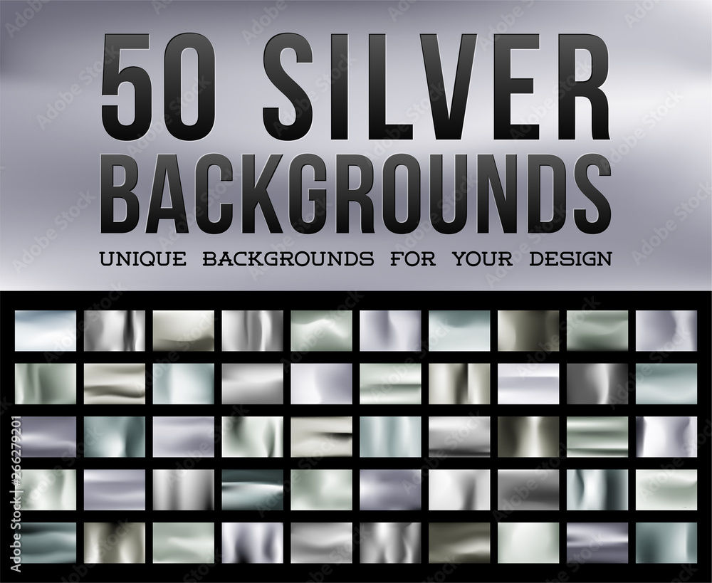 50 unique silver backgrounds. Silvery glossy fabric with shimmery metallic colors. Vector illustration 50 unique silver backgrounds. Silvery glossy fabric with shimmery metallic colors. Vector illustration