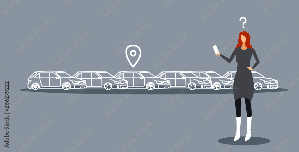 frustrated woman searching car on parking using mobile application carsharing concept businesswoman holding smartphone online auto rent service sketch doodle horizontal frustrated woman searching car on parking using mobile application carsharing concept businesswoman holding smartphone online auto rent service sketch doodle horizontal
